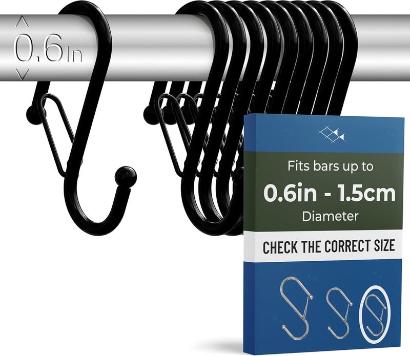 Blau Marité 10-Pack Metal S Hooks for Hanging – Heavy-Duty S-Shaped Hook with Safety Buckle – Fits Bars up to 0.6 in – Anti-Drop Hooks for Kitchen, Pot Racks & Towel Bars – Black (Small) - Image 1